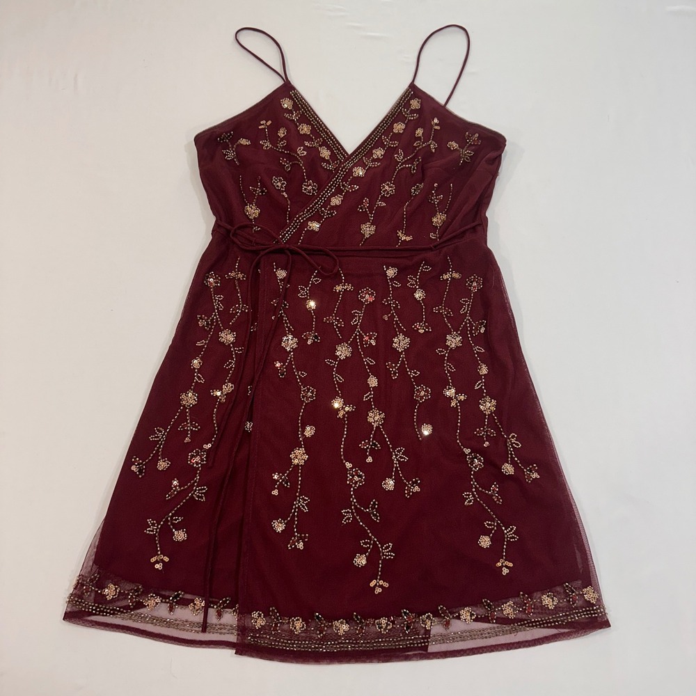 Altar'd‎ State Analia Dress Women M Burgundy Floral Sequin Beaded Wedding Guest